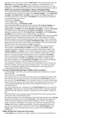 order line for the subinventory transferof Hard Drives. The material handler picks the
Hard Drives out of the Stores subinventory,completes a ship confirmation and
replenishes the Repetitive Assembly subinventory before a shortage occurs.At ship
confirmation, the on-hand balances of the two subinventories are automatically updated.
MRP Generated Inter-Organization Request (Manufacturing)
You use Oracle Master Scheduling/MRP and Supply Chain Planning in Sacramento to
schedule production of the final assembly of the Sentinel Computer. The Sentinel Base
Assembly and Sentinel Cover Assembly are provided by the Austin organization, so
you define these items as "buy" items in Sacramento. You also specify the following
sourcing information for the item:
• Source Type - Inventory
• Source Organization - Austin
• Source Subinventory - AUS-Finished Goods
MasterScheduling/MRP recommends that you produce 400 Sentinel Computers to
fulfill demand over the next four weeks (100 each week), and you only have 100
Sentinel Cover Assemblies and 100 Sentinel Base Assemblies on hand in Sacramento.
You need five days to ship material from Austin to Sacramento, so the planner
implements planned orders for 100 Sentinel Cover Assemblies and 100 Sentinel Base
Assemblies for the next three weeks using the Planner Workbench.
When the planner releases the planned orders for Sacramento, Master Scheduling/MRP
automatically loads the Requisitions Open Interface and submits Requisition Import.
Requisition Import uses the sourcing information that you set up to create a requisition
line for each week sourced from the Austin AUS-Finished Goods subinventory.In the
background, the Create Internal Sales Orders and OrderImport processes automatically
load the internal sales order against the Austin organization.
What if you have a three day production delay in Austin and you need to delay the
third shipment of Sentinel Base Assemblies for a few days? Sacramento needs
visibility to the delay to adjust the production schedules of the final assembly of the
Sentinel Computers. In Austin, you can use the Sales Orders window to update the
scheduled shipment date by three days,or choose a different freight carrier for faster
delivery if you need to expedite the shipment to prevent a shortage in Sacramento.
When you ship the third shipment from Austin, you can update the expected arrival
date, giving the planner and MRP in Sacramento full visibility of supply changes.
Each ship confirmation of the Sentinel Base Assemblies creates an intransit shipment
from Austin to Sacramento. You do not require inspection of yourown
inter-organization transfers,so the receiving clerk in Sacramento receives directly into
the Final Assembly subinventory when the shipment arrives. The intransit inventory
balance is automatically updated and the inter-organization accounting entries are
created along with the receipt transaction.
Inventory Replenishment Request (Office Stock Locations)
In the Sacramento sales office, you use internal requisitions to replenish your stock of
Requisitions 3-35
sales brochures in the Visit Center.
Sales representatives use your brochures well, and most customers take brochures with
them after the visit. You want easy access to brochures in the Visit Center, but only
have room for 100 Sales Brochures. You typically use about 75 a week, but the number
fluctuates with sales activity. Sales representatives take what they need; you do a stock
count on Monday and Wednesday ofeach week and replenish whenever the stock
count falls below 25.
You need to define min-max information for the Sales Brochures that you stock in the
Visit Center subinventory.Use the Item Subinventories window to specify a planning
method of Min-max planning, a minimum quantity of 25, and a maximum quantity of
100.
Requisition Import creates an approved internal requisition for subinventory transfers,
and the sales order is automatically loaded.
The material handler reviews the picking slip, pulls the 80 Sales Brochures from Storage
Subinventory and delivers them to the Visit Center. After delivering the material the
handler records the shipment using the Confirm Shipments window. The shipment,
receipt, and delivery information is recorded at once, and the on-hand balance of the
Storage subinventory is updated automatically. Inventory automatically creates the
necessary accounting entries to reduce the overall value of Sales Brochures in the
Storage subinventory and charges the accounts associated with the Visit Center
subinventory.
Online Request for Goods out of Inventory
In Sacramento, you stocklow-cost office supplies on site to provide quick delivery to
 