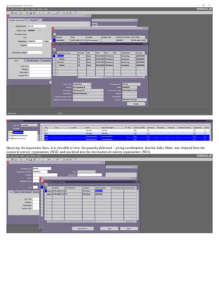 Querying the requisition lines, it is possible to view the quantity delivered - giving confirmation that the Sales Order was shipped from the
source inventory organization (SH2) and receipted into the destination inventory organization (SH1).
 