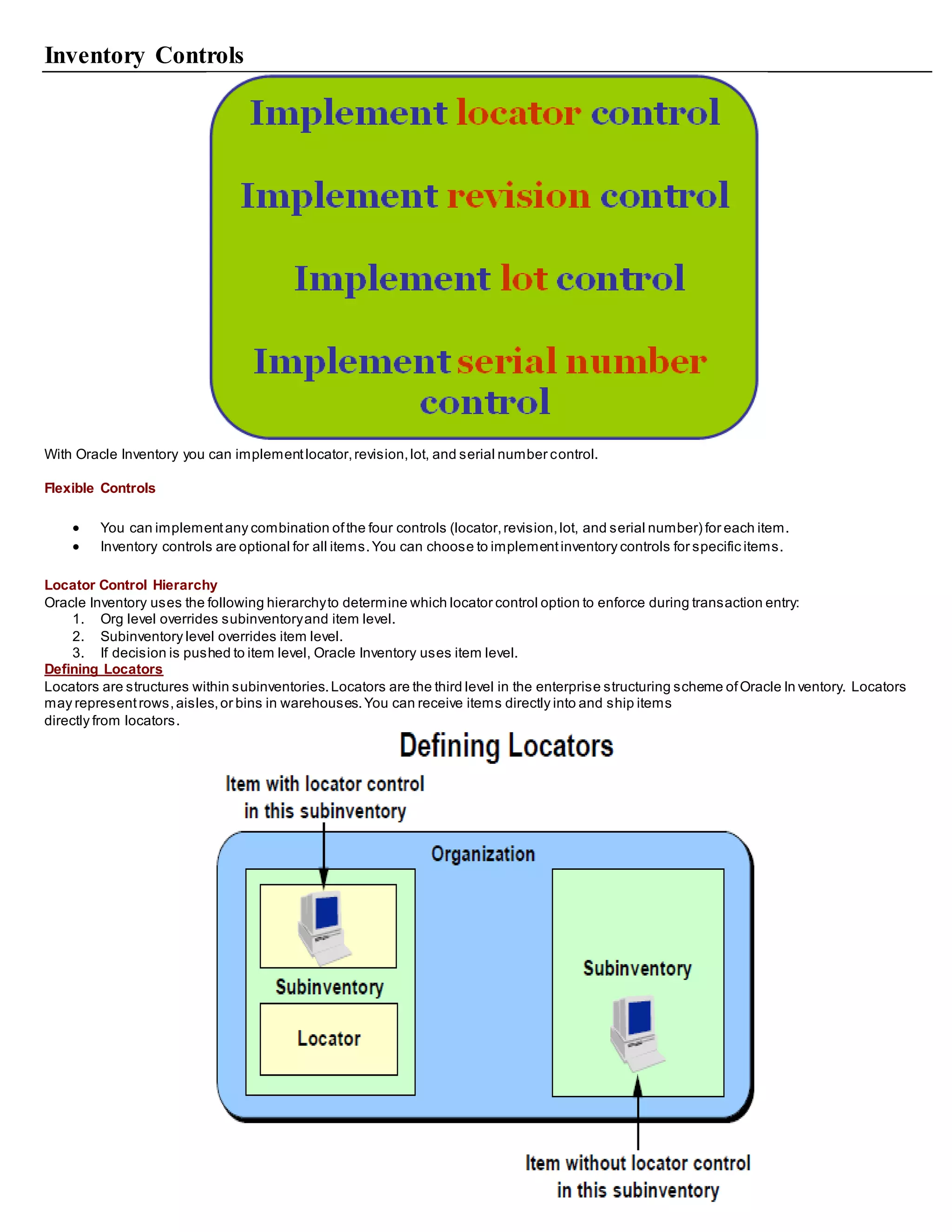 Inventory Controls
With Oracle Inventory you can implementlocator,revision,lot, and serial number control.
Flexible Controls
 You can implementany combination ofthe four controls (locator,revision,lot, and serial number) for each item.
 Inventory controls are optional for all items.You can choose to implementinventory controls for specific items.
Locator Control Hierarchy
Oracle Inventory uses the following hierarchyto determine which locator control option to enforce during transaction entry:
1. Org level overrides subinventoryand item level.
2. Subinventory level overrides item level.
3. If decision is pushed to item level, Oracle Inventory uses item level.
Defining Locators
Locators are structures within subinventories.Locators are the third level in the enterprise structuring scheme ofOracle In ventory. Locators
may representrows,aisles,or bins in warehouses.You can receive items directly into and ship items
directly from locators.
 
