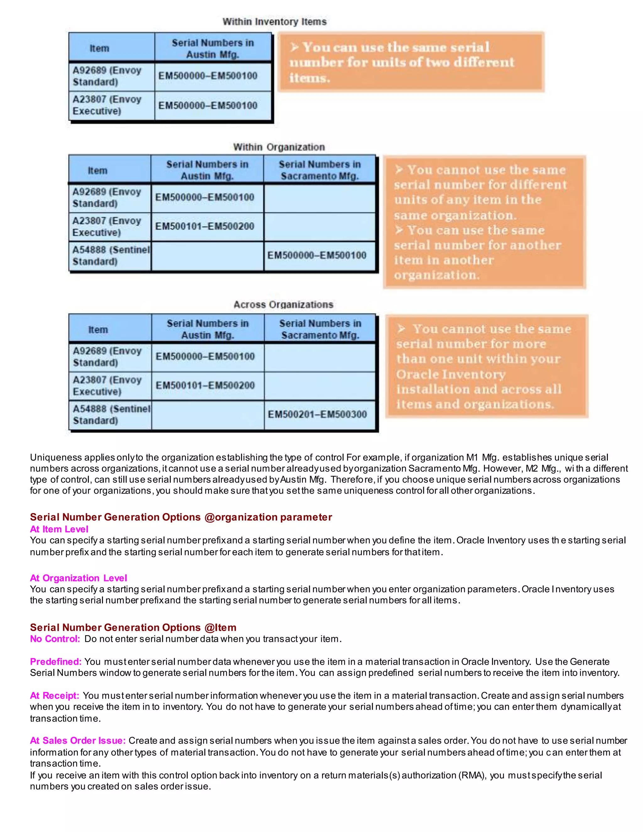 Uniqueness applies onlyto the organization establishing the type of control For example, if organization M1 Mfg. establishes unique serial
numbers across organizations,itcannot use a serial number alreadyused byorganization Sacramento Mfg. However, M2 Mfg., wi th a different
type of control, can still use serial numbers alreadyused byAustin Mfg. Therefore,if you choose unique serial numbers across organizations
for one of your organizations,you should make sure thatyou setthe same uniqueness control for all other organizations.
Serial Number Generation Options @organization parameter
At Item Level
You can specify a starting serial number prefixand a starting serial number when you define the item.Oracle Inventory uses th e starting serial
number prefix and the starting serial number for each item to generate serial numbers for thatitem.
At Organization Level
You can specify a starting serial number prefixand a starting serial number when you enter organization parameters.Oracle Inventory uses
the starting serial number prefixand the starting serial number to generate serial numbers for all items.
Serial Number Generation Options @Item
No Control: Do not enter serial number data when you transactyour item.
Predefined: You mustenter serial number data whenever you use the item in a material transaction in Oracle Inventory. Use the Generate
Serial Numbers window to generate serial numbers for the item.You can assign predefined serial numbers to receive the item into inventory.
At Receipt: You mustenter serial number information whenever you use the item in a material transaction.Create and assign serial numbers
when you receive the item in to inventory. You do not have to generate your serial numbers ahead oftime;you can enter them dynamicallyat
transaction time.
At Sales Order Issue: Create and assign serial numbers when you issue the item againsta sales order.You do not have to use serial number
information for any other types of material transaction.You do not have to generate your serial numbers ahead oftime;you c an enter them at
transaction time.
If you receive an item with this control option back into inventory on a return materials(s) authorization (RMA), you mustspecifythe serial
numbers you created on sales order issue.
 