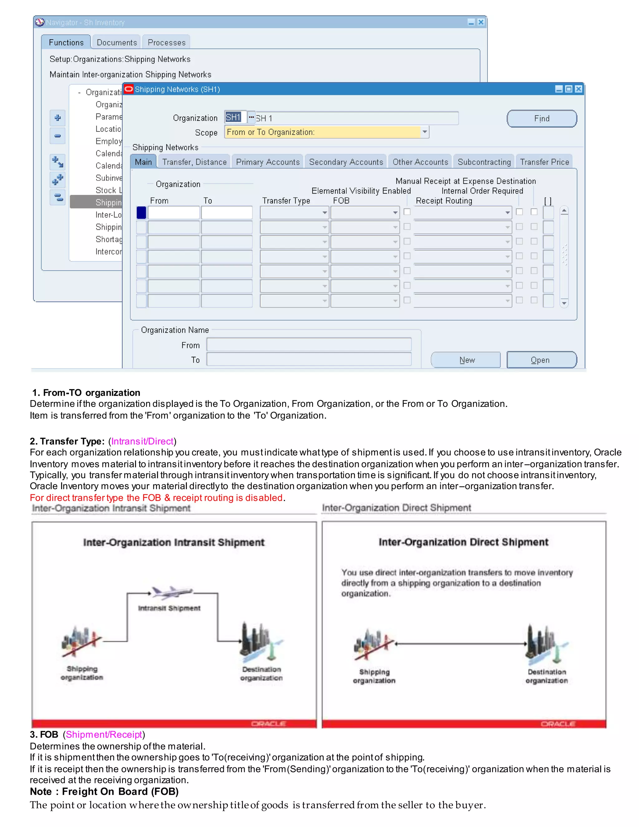1. From-TO organization
Determine ifthe organization displayed is the To Organization, From Organization, or the From or To Organization.
Item is transferred from the 'From' organization to the 'To' Organization.
2. Transfer Type: (Intransit/Direct)
For each organization relationship you create, you mustindicate whattype of shipmentis used.If you choose to use intransitinventory, Oracle
Inventory moves material to intransitinventory before it reaches the destination organization when you perform an inter–organization transfer.
Typically, you transfer material through intransitinventory when transportation time is significant.If you do not choose intransitinventory,
Oracle Inventory moves your material directlyto the destination organization when you perform an inter–organization transfer.
For direct transfer type the FOB & receipt routing is disabled.
3. FOB (Shipment/Receipt)
Determines the ownership ofthe material.
If it is shipmentthen the ownership goes to 'To(receiving)'organization at the pointof shipping.
If it is receipt then the ownership is transferred from the 'From(Sending)'organization to the 'To(receiving)' organization when the material is
received at the receiving organization.
Note : Freight On Board (FOB)
The point or location wherethe ownership titleof goods is transferred from the seller to the buyer.
 
