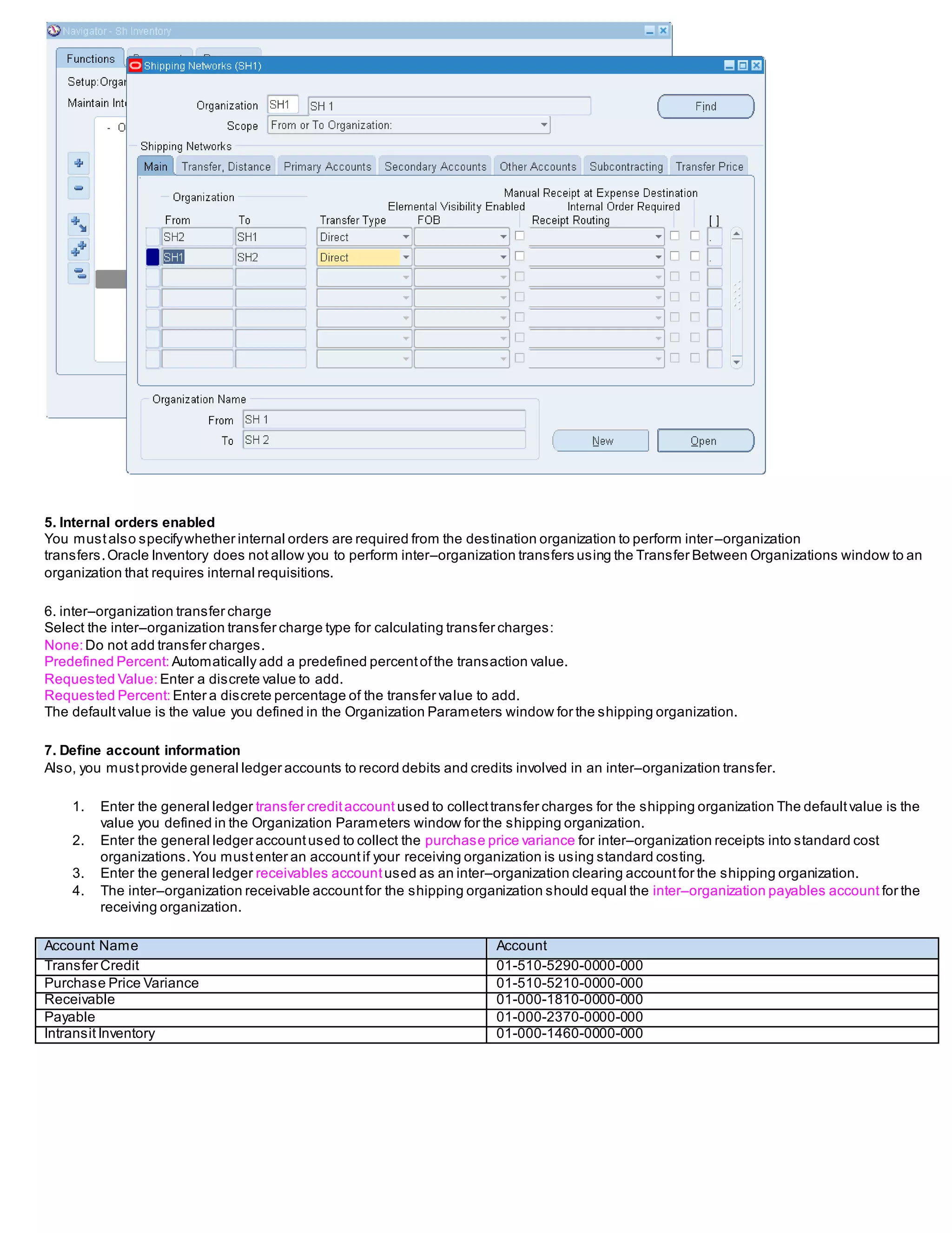 5. Internal orders enabled
You mustalso specifywhether internal orders are required from the destination organization to perform inter–organization
transfers.Oracle Inventory does not allow you to perform inter–organization transfers using the Transfer Between Organizations window to an
organization that requires internal requisitions.
6. inter–organization transfer charge
Select the inter–organization transfer charge type for calculating transfer charges:
None:Do not add transfer charges.
Predefined Percent: Automatically add a predefined percentofthe transaction value.
Requested Value: Enter a discrete value to add.
Requested Percent: Enter a discrete percentage of the transfer value to add.
The defaultvalue is the value you defined in the Organization Parameters window for the shipping organization.
7. Define account information
Also, you mustprovide general ledger accounts to record debits and credits involved in an inter–organization transfer.
1. Enter the general ledger transfer creditaccount used to collecttransfer charges for the shipping organization The defaultvalue is the
value you defined in the Organization Parameters window for the shipping organization.
2. Enter the general ledger accountused to collect the purchase price variance for inter–organization receipts into standard cost
organizations.You mustenter an accountif your receiving organization is using standard costing.
3. Enter the general ledger receivables accountused as an inter–organization clearing accountfor the shipping organization.
4. The inter–organization receivable accountfor the shipping organization should equal the inter–organization payables account for the
receiving organization.
Account Name Account
Transfer Credit 01-510-5290-0000-000
Purchase Price Variance 01-510-5210-0000-000
Receivable 01-000-1810-0000-000
Payable 01-000-2370-0000-000
IntransitInventory 01-000-1460-0000-000
 