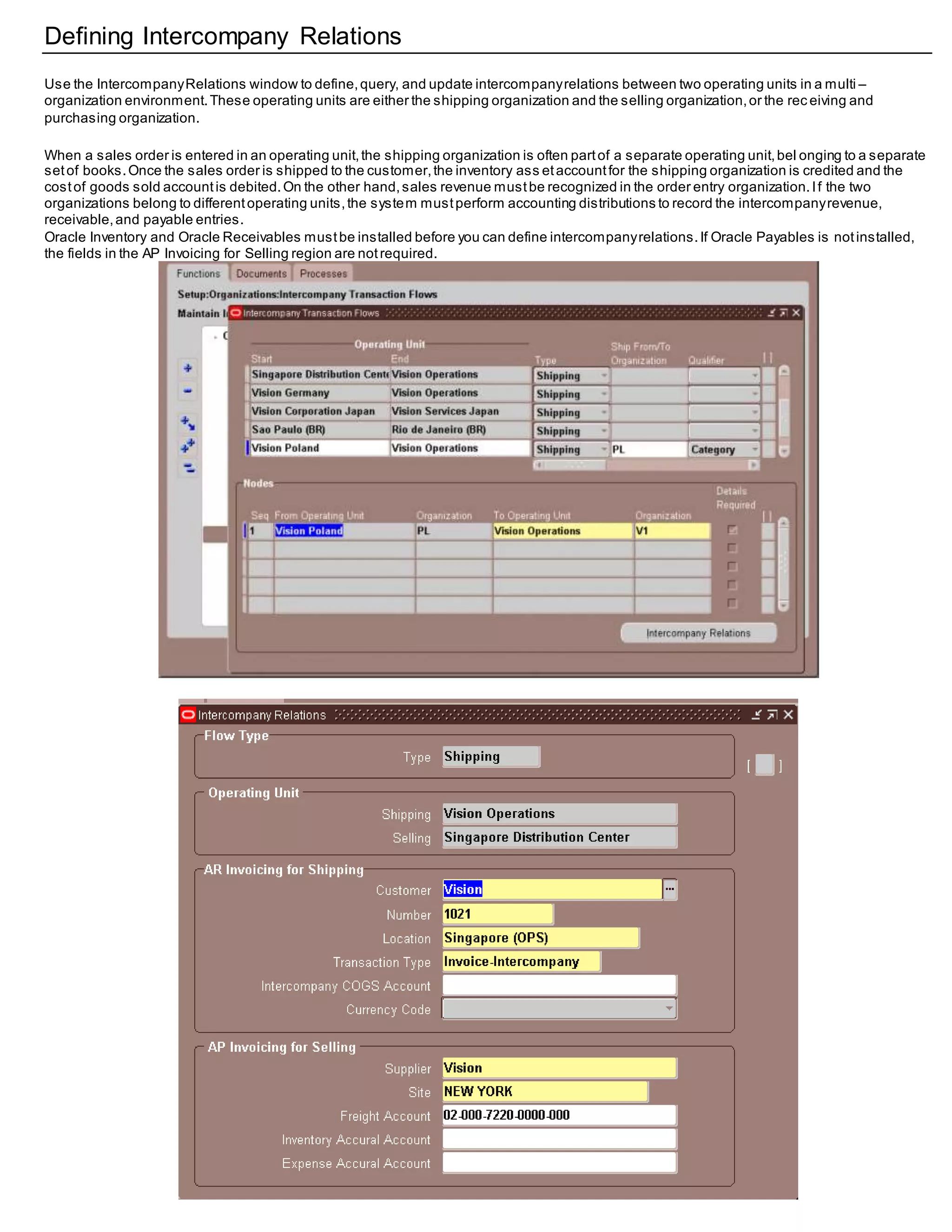 Defining Intercompany Relations
Use the IntercompanyRelations window to define,query, and update intercompanyrelations between two operating units in a multi –
organization environment.These operating units are either the shipping organization and the selling organization,or the rec eiving and
purchasing organization.
When a sales order is entered in an operating unit,the shipping organization is often partof a separate operating unit,bel onging to a separate
setof books.Once the sales order is shipped to the customer,the inventory ass etaccountfor the shipping organization is credited and the
costof goods sold accountis debited.On the other hand,sales revenue mustbe recognized in the order entry organization.If the two
organizations belong to differentoperating units,the system mustperform accounting distributions to record the intercompanyrevenue,
receivable,and payable entries.
Oracle Inventory and Oracle Receivables mustbe installed before you can define intercompanyrelations.If Oracle Payables is notinstalled,
the fields in the AP Invoicing for Selling region are notrequired.
 