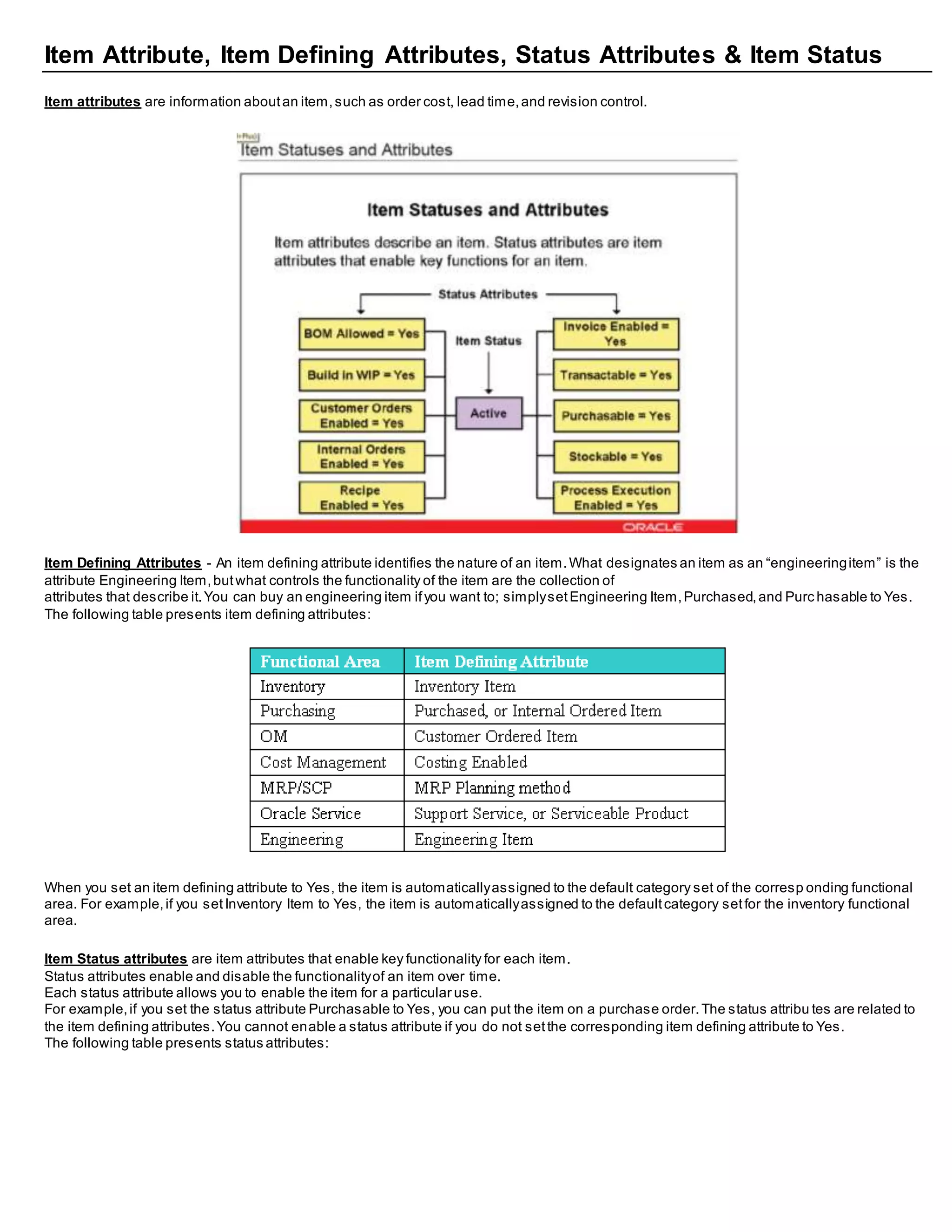 Item Attribute, Item Defining Attributes, Status Attributes & Item Status
Item attributes are information aboutan item,such as order cost, lead time,and revision control.
Item Defining Attributes - An item defining attribute identifies the nature of an item.What designates an item as an “engineeringitem” is the
attribute Engineering Item,butwhat controls the functionality of the item are the collection of
attributes that describe it.You can buy an engineering item ifyou want to; simplysetEngineering Item,Purchased,and Purc hasable to Yes.
The following table presents item defining attributes:
When you set an item defining attribute to Yes, the item is automaticallyassigned to the default category set of the corresp onding functional
area. For example,if you setInventory Item to Yes, the item is automaticallyassigned to the defaultcategory setfor the inventory functional
area.
Item Status attributes are item attributes that enable key functionality for each item.
Status attributes enable and disable the functionalityof an item over time.
Each status attribute allows you to enable the item for a particular use.
For example,if you set the status attribute Purchasable to Yes, you can put the item on a purchase order.The status attribu tes are related to
the item defining attributes.You cannot enable a status attribute if you do not setthe corresponding item defining attribute to Yes.
The following table presents status attributes:
 