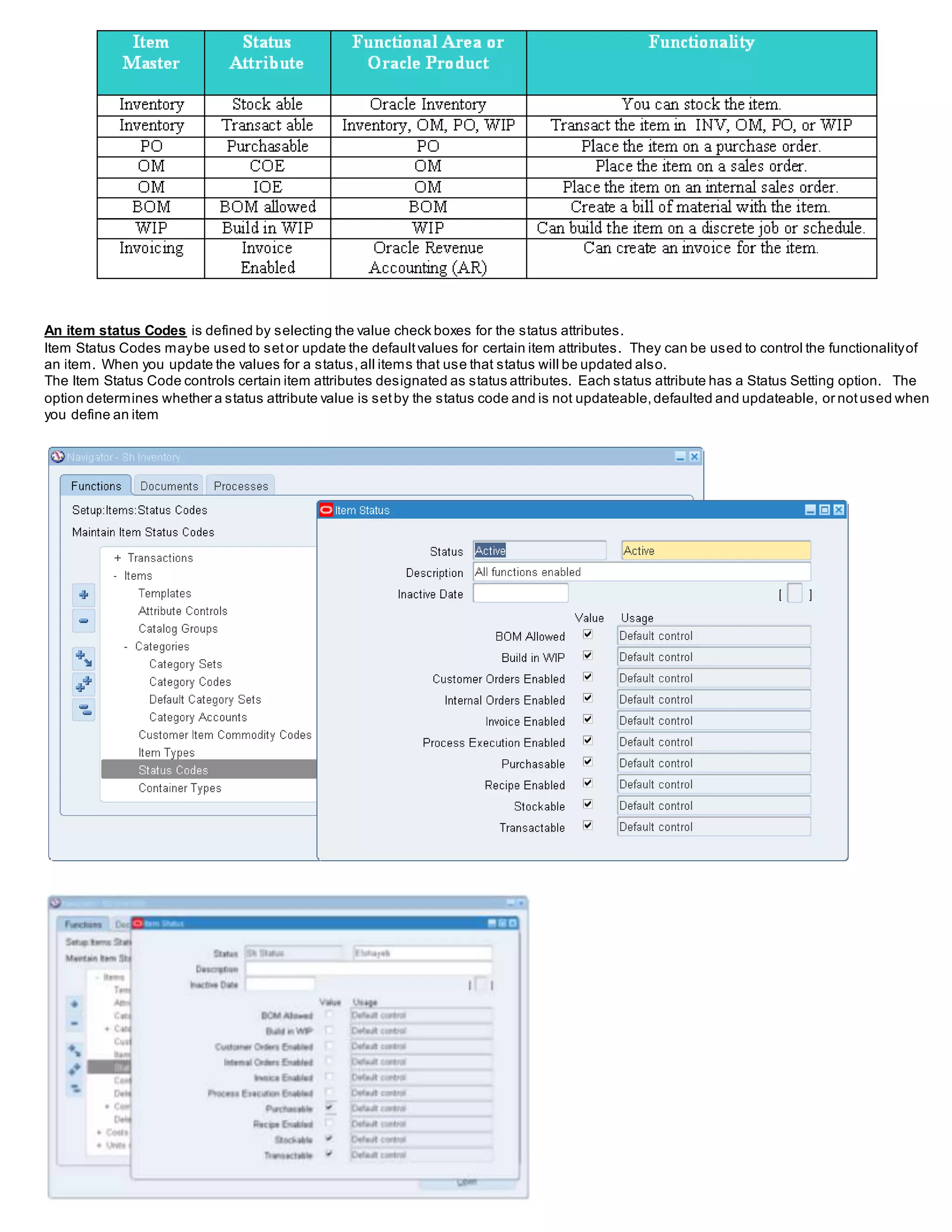 An item status Codes is defined by selecting the value check boxes for the status attributes.
Item Status Codes maybe used to setor update the defaultvalues for certain item attributes. They can be used to control the functionalityof
an item. When you update the values for a status,all items that use that status will be updated also.
The Item Status Code controls certain item attributes designated as status attributes. Each status attribute has a Status Setting option. The
option determines whether a status attribute value is setby the status code and is not updateable,defaulted and updateable, or notused when
you define an item
 