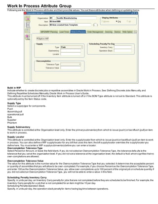 Work In Process Attribute Group
Following are the Work In Process attributes and their possible values.You set these attributes when defining or updating items.
Build in WIP
Indicate whether to create discrete jobs or repetitive assemblies in Oracle Work in Process.See:Defining Discrete Jobs Manu ally,and
Defining Repetitive Schedules Manually,Oracle Work in Process User’s Guide.
This attribute mustbe turned off if the Inventory Item attribute is turned off or if the BOM Type attribute is not set to Standard.This attribute is
optionallysetby the Item Status code.
Supply Type
Select a supplytype for components.
Push
Assemblypull
operational pull
Bulk
Supplier
Phantom
Supply Subinventory
This attribute is controlled atthe Organization level only. Enter the primarysubinventoryfrom which to issue (push) or bac kflush (pull) an item
to work in process.
Supply Locator
This attribute is controlled atthe Organization level only. Enter the supplylocator from which to issue (push) or backflush (pull) an item to work
in process.You can also define a WIP supplylocator for any bill that uses this item;the bill supplylocator overrides the supplylocator you
define here. You mustenter a WIP supplysubinventorybefore you can enter a locator.
Overcompletion Tolerance Type
Select Percentor Amount, or leave the field blank.If you do not selectan Overcompletion Tolerance Type, the tolerance defa ults to the
tolerance that you setat the organization level. If you did not seta tolerance at the organization level, the default is Null,which signifies thatno
over–completions are allowed.
Overcompletion Tolerance Value
The value for this attribute is the number value for the Overcompletion Tolerance Type that you selected.It determines the acceptable percent
or quantity of assemblies thatyou will allow to be over–completed.For example,if you choose Percentas the Overcompletion Tolerance Type,
and enter 100 as the Overcompletion Tolerance Value, you allow over–completions up to 100 percent of the original job or schedule quantity.If
you did not selectan Overcompletion Tolerance Type, you will not be able to enter a value in this field.
Scheduling Penalty Inventory Carry
Specify, in units per day, an Inventory Carry penalty for jobs thatare not completed before they are scheduled to be finished.For example,the
Inventory Carry penalty for a job that is not completed for an item mightbe 10 per day.
Scheduling PenaltyOperation Slack
Specify, in units per day, the operation slack penaltyfor items having lag time between operations.
 