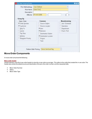 Move OrderComponents
A move order comprises the following:
Move order header
Oracle Inventory uses the move order header to store the move order source type. This refers to the entity that created the m ove order.The
header also stores the defaultsource and destination (ifknown),the order number,and the requested date.
 Move Order Number
 Status
 Move Order Type
 