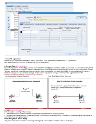 1. From-TO organization
Determine ifthe organization displayed is the To Organization, From Organization, or the From or To Organization.
Item is transferred from the 'From' organization to the 'To' Organization.
2. Transfer Type: (Intransit/Direct)
For each organization relationship you create, you mustindicate whattype of shipmentis used.If you choose to use intransitinventory, Oracle
Inventory moves material to intransitinventory before it reaches the destination organization when you perform an inter–organization transfer.
Typically, you transfer material through intransitinventory when transportation time is significant.If you do not choose intransitinventory,
Oracle Inventory moves your material directlyto the destination organization when you perform an inter–organization transfer.
For direct transfer type the FOB & receipt routing is disabled.
3. FOB (Shipment/Receipt)
Determines the ownership ofthe material.
If it is shipmentthen the ownership goes to 'To(receiving)'organization at the pointof shipping.
If it is receipt then the ownership is transferred from the 'From(Sending)'organization to the 'To(receiving)' organization when the material is
received at the receiving organization.
Note : Freight On Board (FOB)
The point or location wherethe ownership titleof goods is transferred from the seller to the buyer.
 