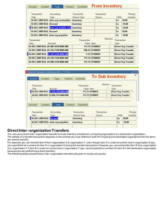 DirectInter–organizationTransfers
You can use a direct inter–organization transfer to move inventory directly from a shipping organization to a destination organization.
The validity of a transfer transaction depends on the controls you have defined in both the shipping and destination organiza tions for the items
you wantto transfer.
For example,you can transfer item A from organization X to organization Y, even though item A is under lot control only in organization X (you
can specifythe lot numbers for item A in organization X during the transfer transaction).However,you cannottransfer item B from organization
X to organization Y if item B is under lot control only in organization Y (you cannotspecify lot numbers for item B in the destination organization
because you are performing a direct transfer).
The following tables presentdirect,inter–organization transfers.(As given in oracle user guide)
 