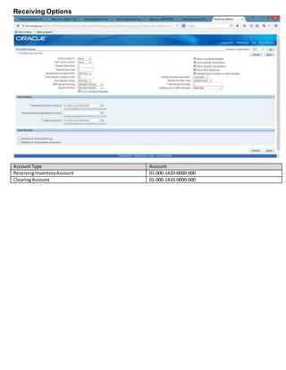 Receiving Options
AccountType Account
ReceivingInventoryAccount 01-000-1410-0000-000
ClearingAccount 01-000-1410-0000-000
 