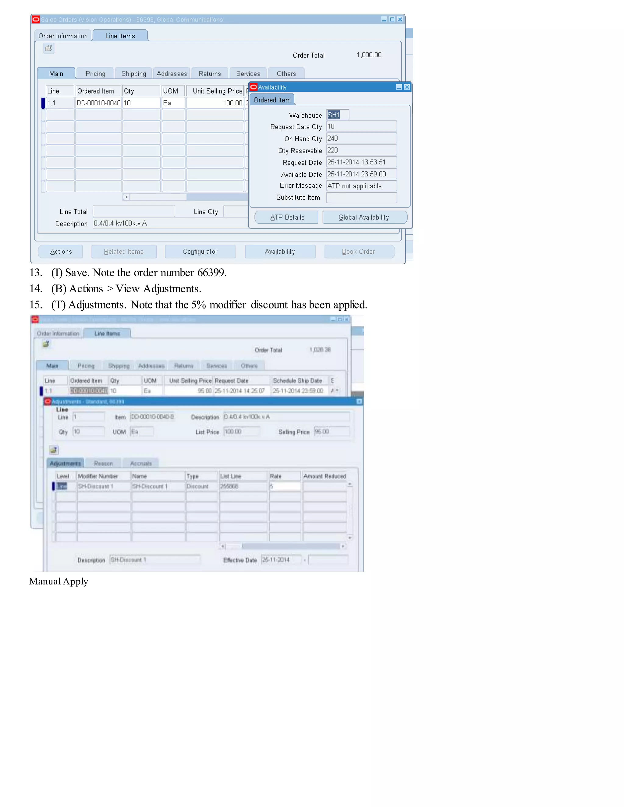 Practice - Creating a Freight and Special Charge List Modifier
Overview
In this practice, you create a Freight and Special Charge List modifier using formulas, modifiers, and qualifiers. In
this exercise you will define:
 Two Special Charge Formulas
 A Modifier List with four line modifiers that determine how to use the formulas
 List and line qualifiers to determine eligibility
Note:For freight charge modifiers, you can apply freight charges corresponding to ONLY ONE Charge name (such as
"Freight Costs") even if severalcharge names qualify.
Assumptions
 Oracle Order Management Super User responsibility
 You must have access to an Oracle Application Vision database or comparable training or test instance at
your site on which to complete this practice.
Note: Oracle Advanced Pricing screenshots are shown in the Solution section of this practice. If you are running Basic
Pricing, the pricing system software components restrict exposure of advanced features in the pricing windows. Therefore,
the screenshots may differ from the pricing windows in the Oracle Application Vision database or comparable training or
test instance you use at your site to complete this practice.
Defining the First Formula
Responsibility = Oracle Order Management Super User, Vision Operations (USA)
1. Navigate to the Pricing Formulas window.
 (N) Pricing > Pricing Formulas > Formulas Setup
2. Enter the following:
Name = SH-Freight
Description = Dollar Amount x Constant .01
Formula = 1*2
Formula Type Pricing Attribute Context Pricing Attribute Component Step
Pricing Attribute Volume Item Amount N/A 1
Numeric Constant N/A N/A .01 2
3. (I) Save.
 