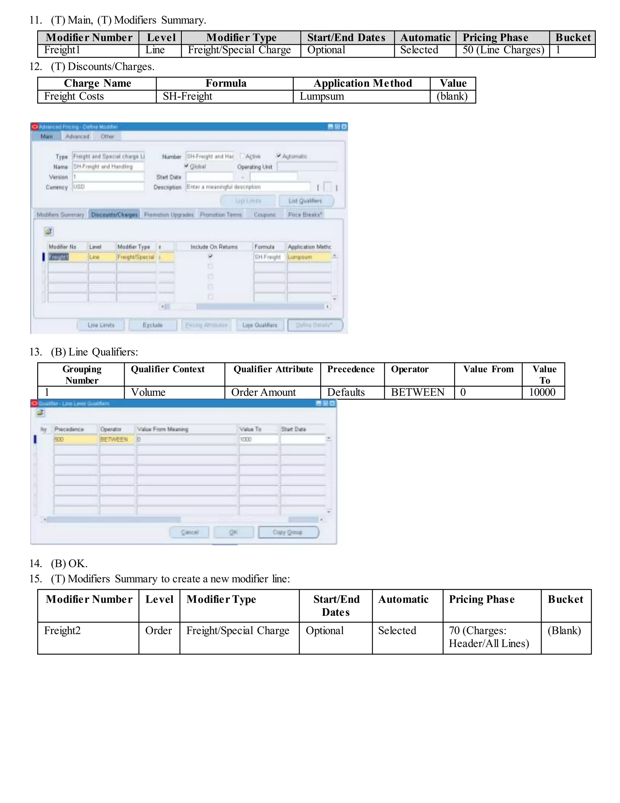 25. (B) Line Qualifier. Create a Line Level Qualifier:
Grouping Number Qualifier Context Qualifier Attribute Precedence Operator Value From Value To
1 Volume Order Amount Defaults BETWEEN 10001 9999999
26. (B) OK.
27. (T) Main tab.
28. Select the Active check box.
 