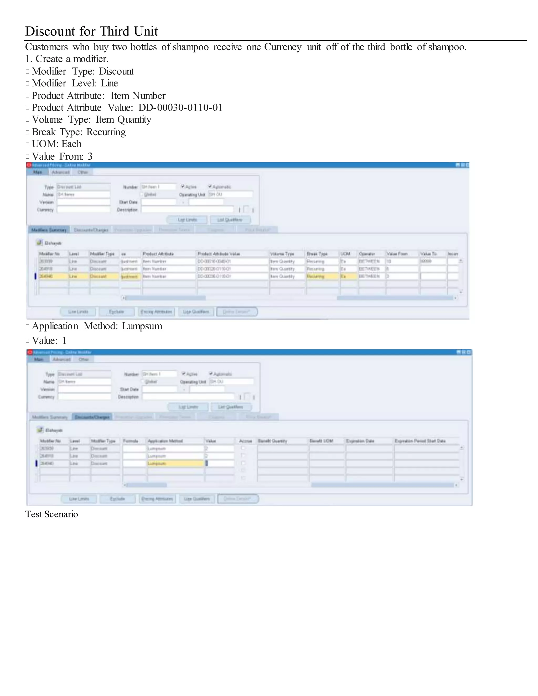 Price Break
Scenario 1
All employees in Company ABC's mobile phone plan receive per minute discounts based on minutes used, as follows:
Minutes Discount Per Minute ($USD)
0-120 0.05
120-240 0.10
240-420 0.12
> 420 0.15
A customer who uses 150 minutes receives the following discounts:
- $ 0.05 per minute discount on 120 minutes
- $ 0.10 per minute discount on 30 minutes
1. Create a modifier.
Modifier Type: Price Break Header
Modifier Level: Line
- Product Attribute: Item Number
- Product Attribute Value: Minutes
- Volume Type: Item Quantity
- Break Type: Range
- Adjustment Type: Discount
2. In the Line Qualifiers window, create a qualifier for the price break modifier.
- Grouping Number: 1
- Qualifier Context: Customer
- Qualifier Attribute: Customer Name
- Operator: =
- Value From: Global Communications
 