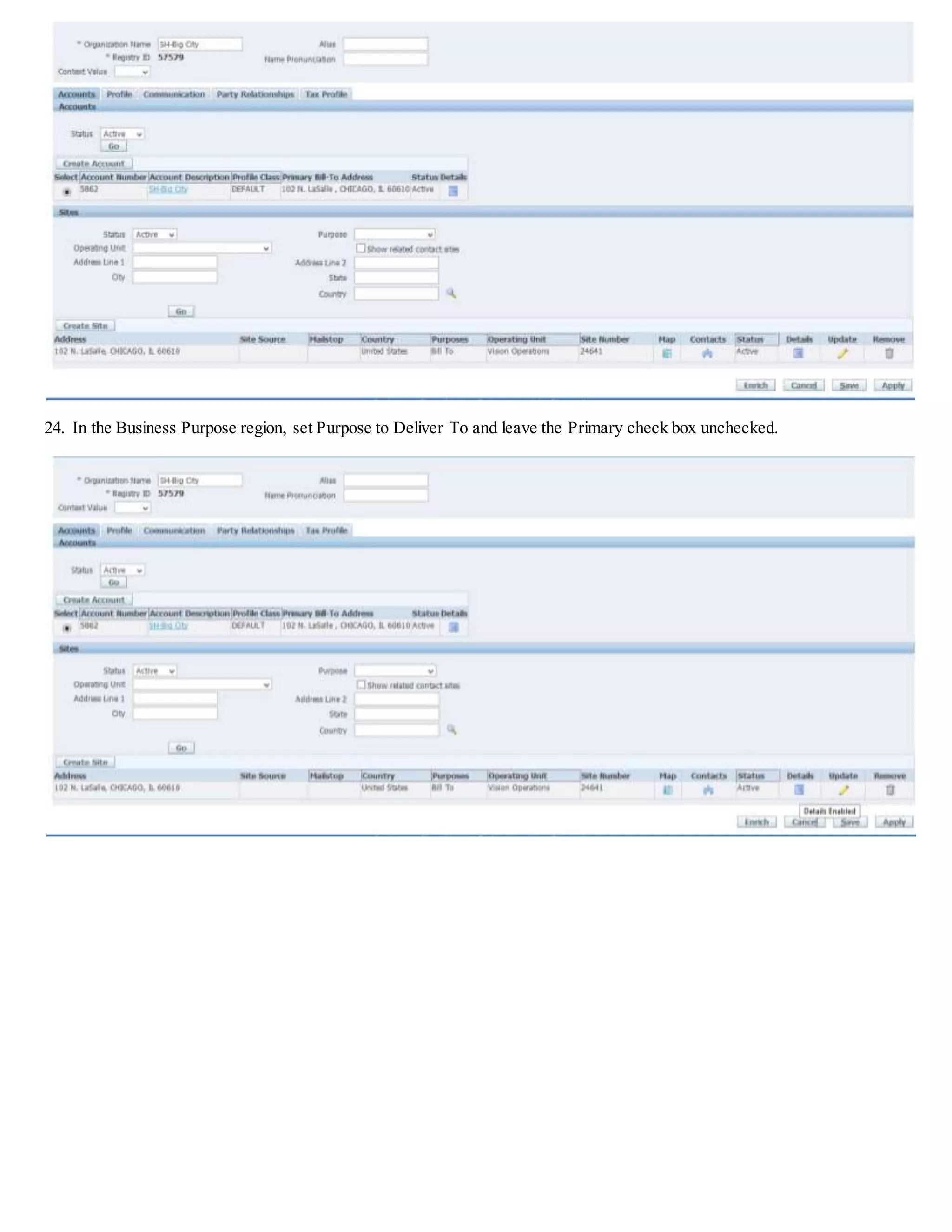 Guided Demonstration – Quick Ship Window
Responsibility: Order ManagementSuper User, Vision Operations (USA)
WSH: Quick Ship Default View = Delivery Confirm
(N) Shipping > Quick Ship
Changing Quick Ship View
1. (N) Shipping > Quick Ship
2. (M) Tools > Change View to toggle between the two Quick Ship views. The two Quick Ship views are as follows:
Delivery Confirm View
Trip Confirm View
Finding Deliveries
3. Ensure that you are in the Delivery Confirm View.
4. You can find the deliveries in the Quick Ship window using any one the following methods:
Enter the delivery in the Name field and click Tab
Click on Name LOV to find for a delivery.
Click on the Find icon to find the delivery using Find Deliveries window. In the Find Deliveries window, you can
find the delivery based on the search criteria you enter.
Using Folder Option
5. To hide the Number of LPNs field. Click on the field. You can hide a field using any one of the following option
(M) Folder > Hide Field.
Right click on the field, select Folders option on the popmenu, and click Hide Field.
6. To show a field, you can use anyone of the following methods:
 
