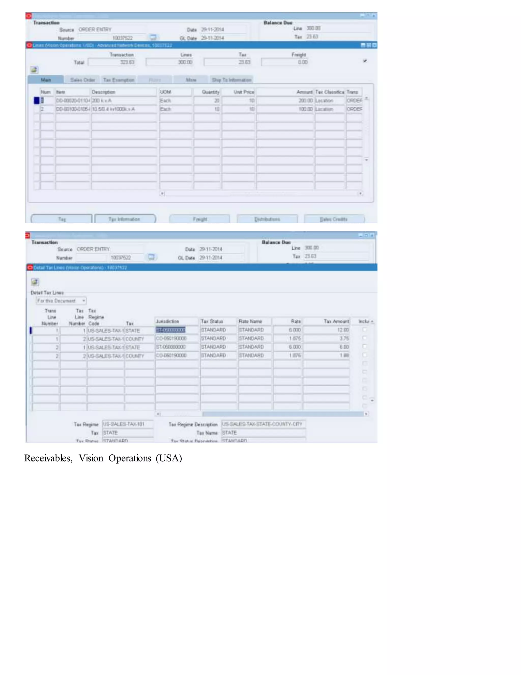 Receivables, Vision Operations (USA)
 