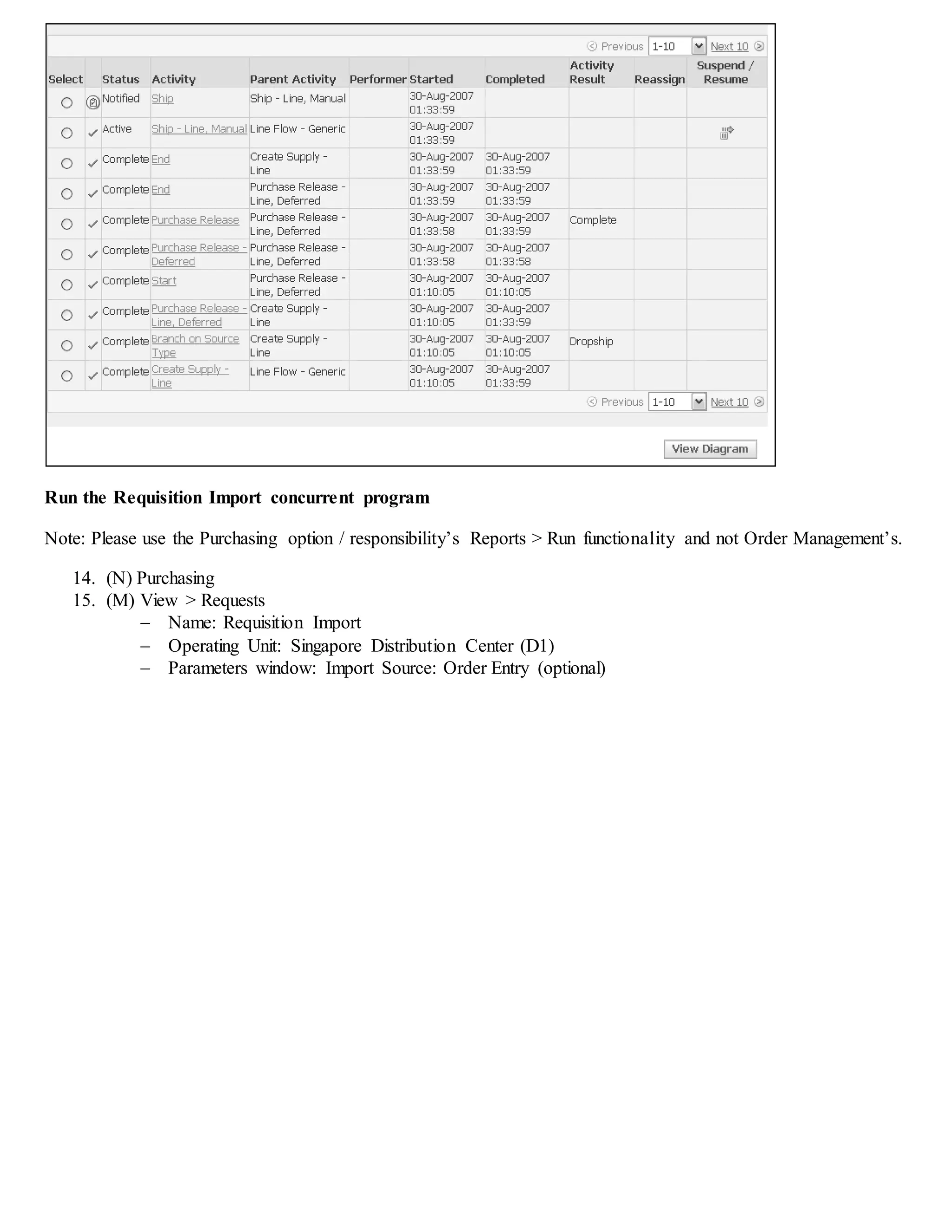 Run the Requisition Import concurrent program
Note: Please use the Purchasing option / responsibility’s Reports > Run functionality and not Order Management’s.
14. (N) Purchasing
15. (M) View > Requests
 Name: Requisition Import
 Operating Unit: Singapore Distribution Center (D1)
 Parameters window: Import Source: Order Entry (optional)
 