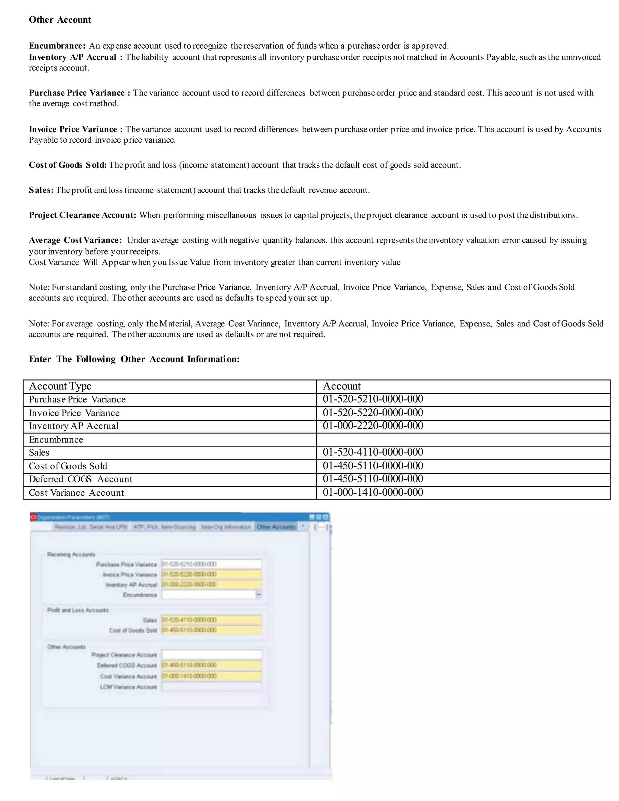 Other Account
Encumbrance: An expense account used to recognize thereservation of funds when a purchaseorder is approved.
Inventory A/P Accrual : Theliability account that represents all inventory purchaseorder receipts not matched in Accounts Payable, such as the uninvoiced
receipts account.
Purchase Price Variance : Thevariance account used to record differences between purchaseorder price and standard cost. This account is not used with
the average cost method.
Invoice Price Variance : Thevariance account used to record differences between purchaseorder price and invoice price. This account is used by Accounts
Payable to record invoice price variance.
Cost of Goods Sold: Theprofit and loss (income statement) account that tracks the default cost of goods sold account.
Sales: Theprofit and loss (income statement) account that tracks thedefault revenue account.
Project Clearance Account: When performing miscellaneous issues to capital projects, theproject clearance account is used to post thedistributions.
Average Cost Variance: Under average costing with negative quantity balances, this account represents theinventory valuation error caused by issuing
your inventory before your receipts.
Cost Variance Will Appear when you Issue Value from inventory greater than current inventory value
Note: For standard costing, only the Purchase Price Variance, Inventory A/P Accrual, Invoice Price Variance, Expense, Sales and Cost of Goods Sold
accounts are required. Theother accounts are used as defaults to speed your set up.
Note: For average costing, only theMaterial, Average Cost Variance, Inventory A/P Accrual, Invoice Price Variance, Expense, Sales and Cost of Goods Sold
accounts are required. Theother accounts are used as defaults or are not required.
Enter The Following Other Account Information:
Account Type Account
Purchase Price Variance 01-520-5210-0000-000
Invoice Price Variance 01-520-5220-0000-000
Inventory AP Accrual 01-000-2220-0000-000
Encumbrance
Sales 01-520-4110-0000-000
Cost of Goods Sold 01-450-5110-0000-000
Deferred COGS Account 01-450-5110-0000-000
Cost Variance Account 01-000-1410-0000-000
 