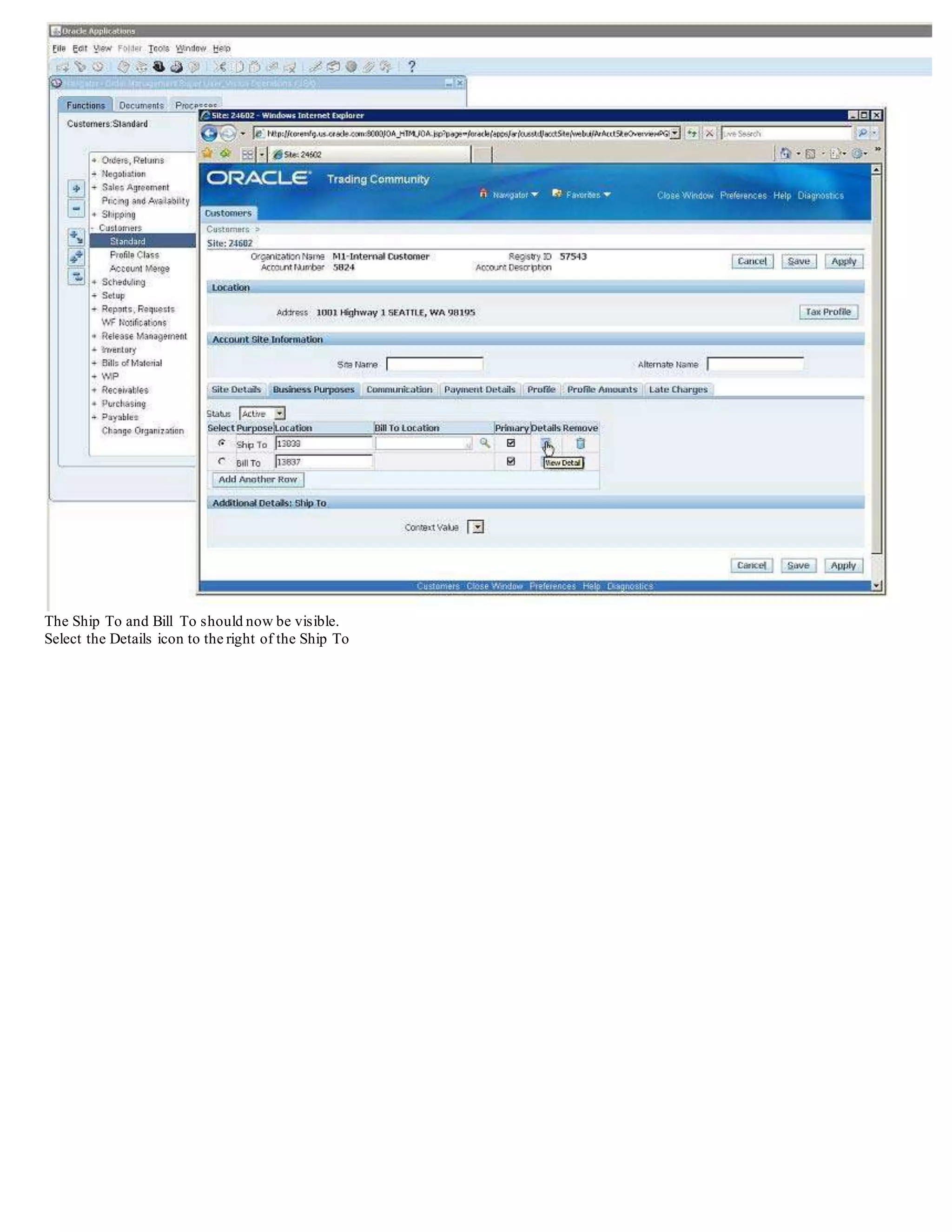 Move to the bottomof the page, and the address should be visible.
Choose the Details icon
The Account Site Information will appear, select the Business Purposes tab
 