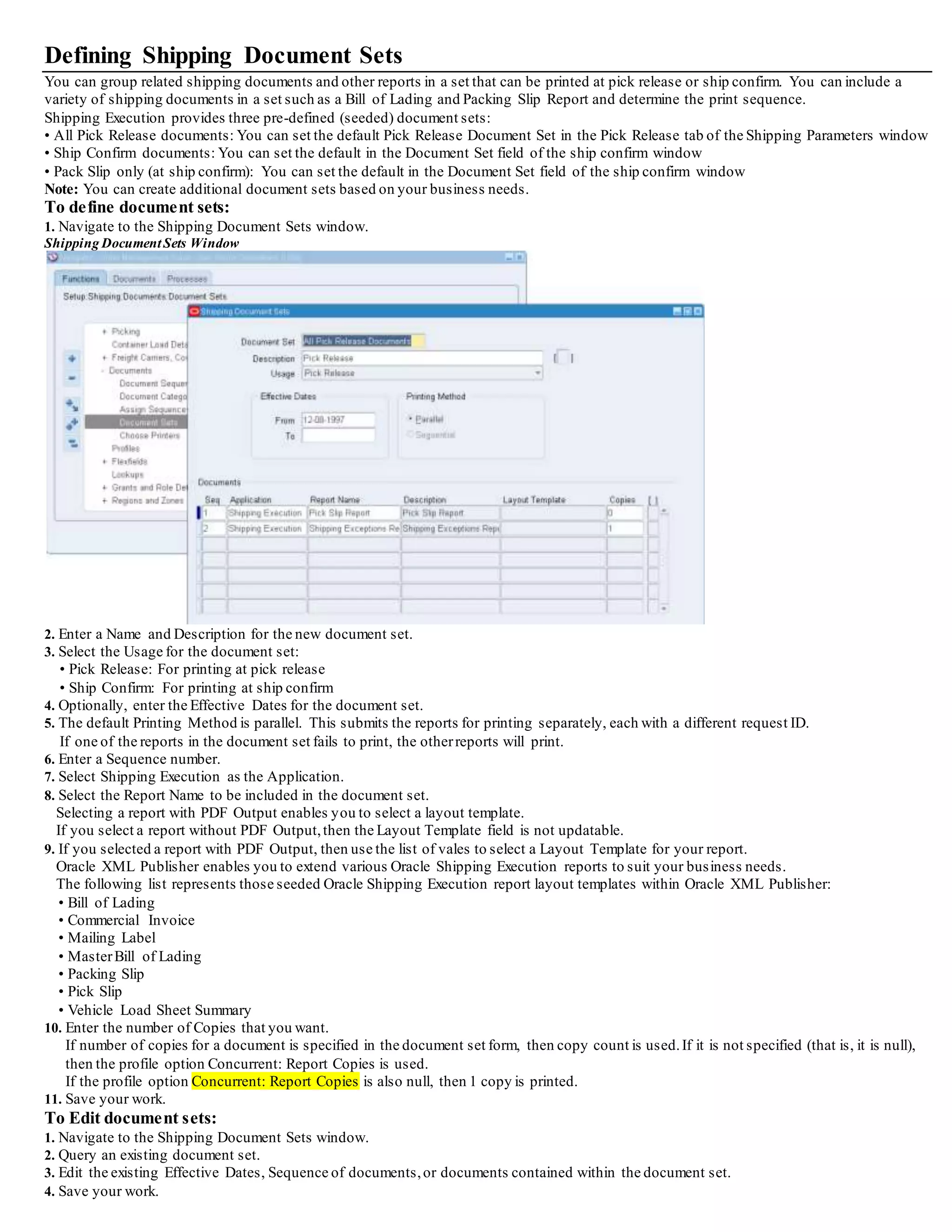 Defining Release Rules
Define the order in which picking lines are allocated to inventory.
You can create default pick release rules that are applied at pick release in the Release Sales Orders window.
Each rule can be set up with its own set of unique pick release parameters depending on the pick release criteria required.
When pick release is run, the pick release is performed based on the parameters set up in the selected pick release rule.
For example, you can create a specific rule that pick releases only backordered lines.
Note: Although you can also enter the pick release criteria at pick release time without creating a rule, creating a rule is more efficient if you
frequently run the same pick release.
Also, note that it is required when releasing using SRS or when using the Auto Pick Pack and Ship features.
To define release rules:
1. Navigate to the Release Rules window.
Release Rules Window - Order Tab
2. Enter a Rule name and the Effective dates.
Within the Order tab, select one or more of the following criteria for your query.
Select only the criteria that you want for the pick release:
3. Select the Orders and Order Types that you want included in the pick release:
• Unreleased: The rule is applied to unreleased lines.
• All: The rule applies to all lines not pick released.
• Backordered: The rule applies only to backordered lines.
4. Enter the Order Number.
5. Select the Ship Set.
6. Optionally, select the Prior Reservations Only check box if you only want to pick release already reserved quantity for lines.
This is allowed only for the allocation method of Inventory Only.
7. Select the Destination Type:
• Region
• Zone
• Ship-To Location
8. Select the Customer and the Ship-To location for the customer.
9. Within the Item region select a Category Set, Category, and Item Number
10. Select the range of Scheduled Ship Dates and/or Requested Dates.
You can indicate whether you want the systemto look at the scheduled ship date or the requested date.
You can then enter the number of days in the past or future, as well as the time, relative to current systemdate that you want included in
the release criteria.
This means that it is possible to set up a desired release window in terms of number of days rather than only static dates.
If your organization has a calendar assigned,then the release rule will honornon-working days (for example, Saturday, Sunday)to select
delivery lines for pick release.
If the rule shown were applied to Organization V1 and that Organization has Saturday and Sunday as non-working days on their
organization calendar, then the following would occur:
If pick release is run on Thursday,the delivery lines for Thursday,Friday, Monday, and Tuesday (systemdate + 3 working days) are
selected for pick release.
A negative value may be used in the Days field to include past dates which enables backordered lines to be considered for pick release.
Alternatively, you can create a pick release rule using static dates by selecting the options Start On and End On in the Scheduled Ship
Dates region and the Requested Dates region.
 