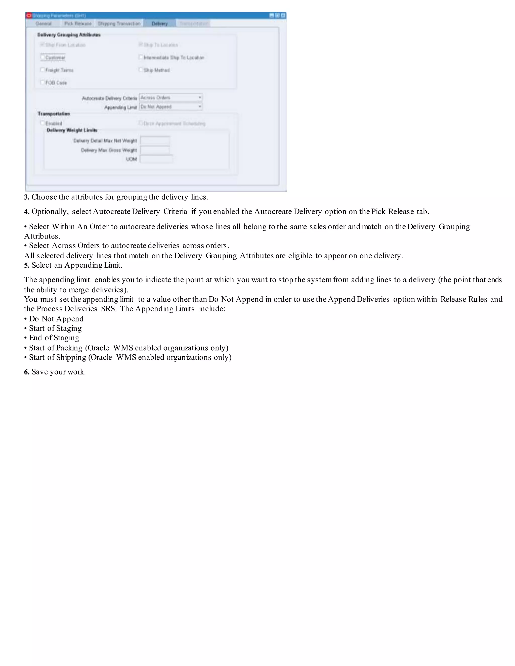 • Substitute Item: If the requested item is not available and the requested quantity for a defined substitute is available, the substitute itemwill
be displayed. An additional tab, showing the availability of the substitute item, is also displayed.displayed for single items.
A multi-line window displays availability information for sets and models.
Clicking the Global Availability button located at the bottom of the Availability window opens the ATP window that has the list of
warehouses where the item is enabled.
You can select the warehouses for which you want to see the availability, and the systemwill return the availability in all the selected
warehouses.
The ATP Details window can also be opened from the Availability window by pressing the ATP Details Button. The ATP Details window
displays how the results were derived.
ATP is calculated automatically during scheduling, and may be calculated manually by clicking Availability on the Line Items tab of the
Sales Order window.
There are several steps required for ATP calculations.
If you are using ASCP, supply/demand is set up at the plan level. See the Oracle ASCP Implementation Manual.
Global Order Promising will only use the infinite time fence specified on the ATP rule.
If you are not using ASCP, ATP rules must be defined to determine the sources of supply and demand which are included in the calculation.
The ATP rules must be associated with items and/orinventory organizations. Also, the data collection program must be run.
There is a requirement for ATP calculations to be very fast; some customer service representatives will need to give this information to
customers on the phone.
However, considering all the possible sources of supply and demand for an ATP calculation can be very complex. Therefore, a c oncurrent
process known as data collection must be run to summarize the supply and demand picture.
This program is part of the Oracle Advanced Planning and Scheduling application.
The ATP calculation is then performed on the summary tables.
For details about setting up ATP rules and running the data collection program, see the setup section of this document.
 