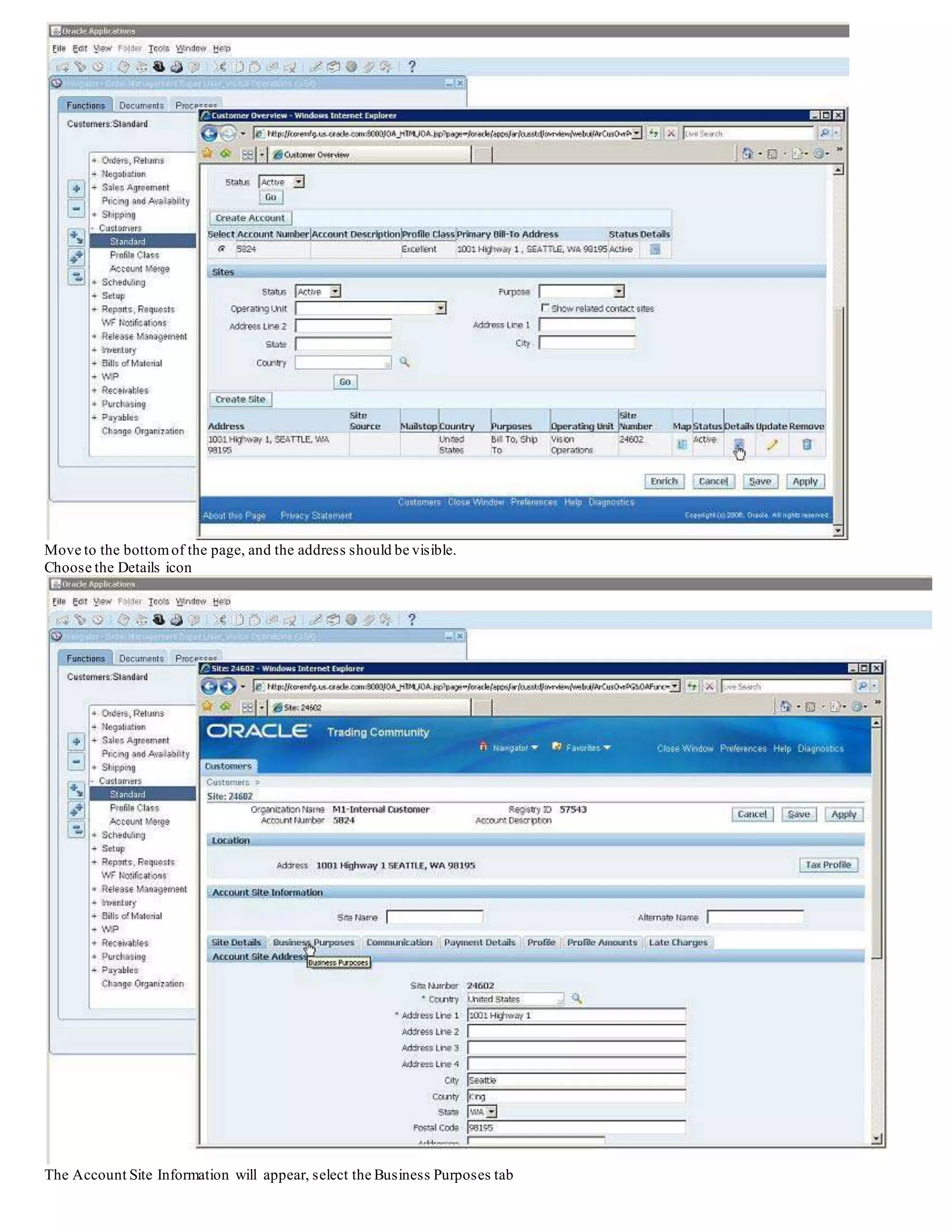 Move to the bottomof the page, and the address should be visible.
Choose the Details icon
The Account Site Information will appear, select the Business Purposes tab
 