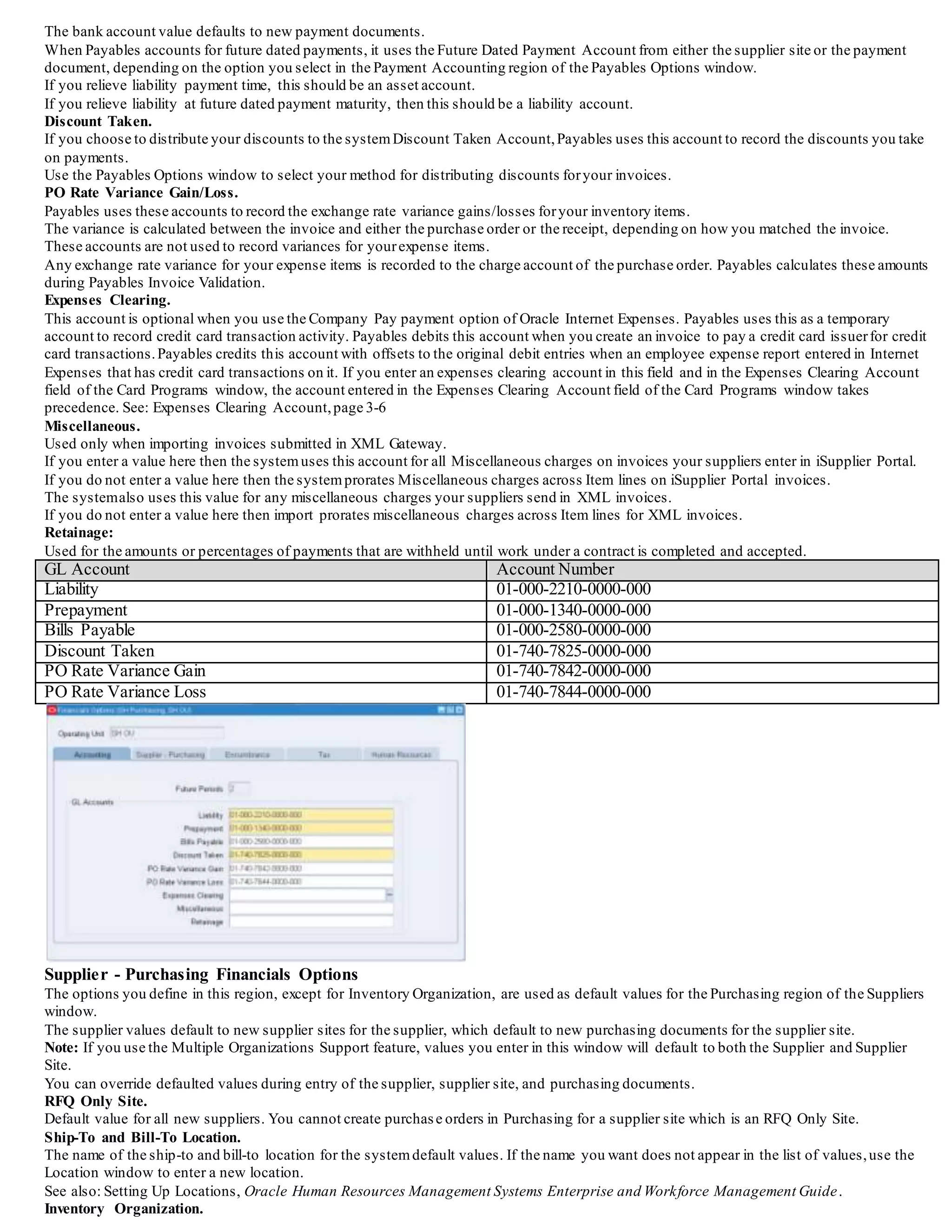 The bank account value defaults to new payment documents.
When Payables accounts for future dated payments, it uses the Future Dated Payment Account from either the supplier site or the payment
document, depending on the option you select in the Payment Accounting region of the Payables Options window.
If you relieve liability payment time, this should be an asset account.
If you relieve liability at future dated payment maturity, then this should be a liability account.
Discount Taken.
If you choose to distribute your discounts to the systemDiscount Taken Account,Payables uses this account to record the discounts you take
on payments.
Use the Payables Options window to select your method for distributing discounts foryour invoices.
PO Rate Variance Gain/Loss.
Payables uses these accounts to record the exchange rate variance gains/losses foryour inventory items.
The variance is calculated between the invoice and either the purchase order or the receipt, depending on how you matched the invoice.
These accounts are not used to record variances for yourexpense items.
Any exchange rate variance for your expense items is recorded to the charge account of the purchase order. Payables calculates these amounts
during Payables Invoice Validation.
Expenses Clearing.
This account is optional when you use the Company Pay payment option of Oracle Internet Expenses. Payables uses this as a temporary
account to record credit card transaction activity. Payables debits this account when you create an invoice to pay a credit card issuerfor credit
card transactions.Payables credits this account with offsets to the original debit entries when an employee expense report entered in Internet
Expenses that has credit card transactions on it. If you enter an expenses clearing account in this field and in the Expenses Clearing Account
field of the Card Programs window, the account entered in the Expenses Clearing Account field of the Card Programs window takes
precedence. See: Expenses Clearing Account,page 3-6
Miscellaneous.
Used only when importing invoices submitted in XML Gateway.
If you enter a value here then the systemuses this account for all Miscellaneous charges on invoices your suppliers enter in iSupplier Portal.
If you do not enter a value here then the systemprorates Miscellaneous charges across Item lines on iSupplier Portal invoices.
The systemalso uses this value for any miscellaneous charges your suppliers send in XML invoices.
If you do not enter a value here then import prorates miscellaneous charges across Item lines for XML invoices.
Retainage:
Used for the amounts or percentages of payments that are withheld until work under a contract is completed and accepted.
GL Account Account Number
Liability 01-000-2210-0000-000
Prepayment 01-000-1340-0000-000
Bills Payable 01-000-2580-0000-000
Discount Taken 01-740-7825-0000-000
PO Rate Variance Gain 01-740-7842-0000-000
PO Rate Variance Loss 01-740-7844-0000-000
Supplier - Purchasing Financials Options
The options you define in this region, except for Inventory Organization, are used as default values for the Purchasing region of the Suppliers
window.
The supplier values default to new supplier sites for the supplier, which default to new purchasing documents for the supplier site.
Note: If you use the Multiple Organizations Support feature, values you enter in this window will default to both the Supplier and Supplier
Site.
You can override defaulted values during entry of the supplier, supplier site, and purchasing documents.
RFQ Only Site.
Default value for all new suppliers. You cannot create purchase orders in Purchasing for a supplier site which is an RFQ Only Site.
Ship-To and Bill-To Location.
The name of the ship-to and bill-to location for the systemdefault values. If the name you want does not appear in the list of values,use the
Location window to enter a new location.
See also: Setting Up Locations, Oracle Human Resources Management Systems Enterprise and Workforce Management Guide.
Inventory Organization.
 