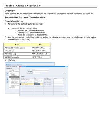 Practice - Create a Supplier List
Overview
In this practice you will add several suppliers and the supplier you created in a previous practice to a supplier list.
Responsibility = Purchasing, Vision Operations
Create a Supplier List
1. Navigate to the Define Supplier Lists window
 (N) Supply Base > Supplier Lists
 Name = SH Computer Hardware
 Description = Computer Hardware
 Make the list inactive in three months.
2. Add the supplier you created to your list, as well as the following suppliers (use the list of values from the toolbar
to select vendors and sites):
Name Site
Advanced Network Devices SANTA CLARA
Star Gate Ltd STARGATE-BUY
Advantage Corp ADVANTAGE - US
XXIBM Corporation NEW YORK
3. (B) Save
 
