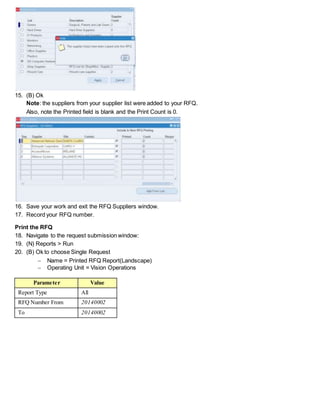 15. (B) Ok
Note: the suppliers from your supplier list were added to your RFQ.
Also, note the Printed field is blank and the Print Count is 0.
16. Save your work and exit the RFQ Suppliers window.
17. Record your RFQ number.
Print the RFQ
18. Navigate to the request submission window:
19. (N) Reports > Run
20. (B) Ok to choose Single Request
 Name = Printed RFQ Report(Landscape)
 Operating Unit = Vision Operations
Parameter Value
Report Type All
RFQ Number From 20140002
To 20140002
 