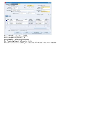 Printed RFQ Report(Landscape) (XML)
Printed RFQ Report(Portrait) (XML)
Request Group = All Reports. Purchasing
For Purchasing Reports Information Visit :
http://docs.oracle.com/cd/E18727_01/doc.121/e13410/T446883T471354.htm#4022785
 
