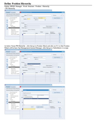 Define Position Hierarchy
Global HRMS Manager: Work Structure: Position: Hierarchy
- PR Hierarchy
As below Name PR Hierarchy after that go to Position Block and click on F11 to find Position
Which will be here Top Management.General Manager after that go to Subordinates to assign
 