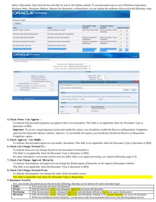 Select a Document Type from the list and click its icon in the Update column. If yourdocument type is one of Purchase Agreement,
Purchase Order, Quotation, Release, Request for Quotation, or Requisition you can update the attributes discussed in the following steps.
4. Check Owner Can Approve :
To indicate that document preparers can approve their own documents. This field is not applicable when the Document Type is
Quotation or RFQ.
Important: If you are using budgetary control and enable this option, you should also enable the Reserve at Requisition Completion
option in the Financials Options window. Likewise, if you disable this option, you should also disable the Reserve at Requisition
Completion option.
5. Check Approver Can Modify :
To indicate that document approvers can modify documents.This field is not applicable when the Document Type is Quotation or RFQ.
6. Check Can Change Forward-To :
To indicate that users can change the person the document is forwarded to.
This field is not applicable when the Document Type is Quotation or RFQ.
For more information on how this and the next two fields affect your approval routing, see: Approval Routing, page 2-10.
7. Check Can Change Approval Hierarchy
To indicate that preparers and approvers can change the default approval hierarchy in the Approve Documents window.
This field is not applicable when the Document Type is Quotation or RFQ.
8. Check Can Change Forward-From
To indicate that preparers can change the name of the document creator.
This field is applicable only when the Document Type is Requisition.
9. Document Security
You can restrict document access based on the following Security Level options for each document type:
Public All systemusers can access thedocument
Private Only the document owner and subsequent approvers can access the document
Purchasing Only the document owner, subsequent approvers, and individuals defined as buyers can access thedocument
Hierarchy Only the document owner, subsequent approvers, and individuals included in the security hierarchy can access the document
Within the installation security hierarchy, you can access only those documents that you or your reporting employees own
 