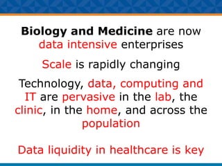 Biology and Medicine are now
data intensive enterprises
Scale is rapidly changing
Technology, data, computing and
IT are pervasive in the lab, the
clinic, in the home, and across the
population
Data liquidity in healthcare is key
 