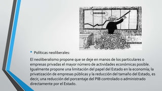 • Políticas neoliberales: 
El neoliberalismo propone que se deje en manos de los particulares o 
empresas privadas el mayor número de actividades económicas posible. 
Igualmente propone una limitación del papel del Estado en la economía; la 
privatización de empresas públicas y la reducción del tamaño del Estado, es 
decir, una reducción del porcentaje del PIB controlado o administrado 
directamente por el Estado. 
 