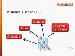28
Misiones: (Hechos 1:8)
Jerusalén
Judea
Samaria
Lo último
de la tierra
 