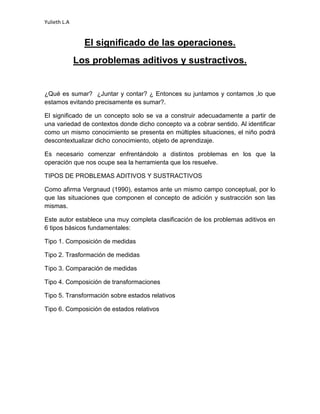 Yulieth L.A


                El significado de las operaciones.
              Los problemas aditivos y sustractivos.


¿Qué es sumar? ¿Juntar y contar? ¿ Entonces su juntamos y contamos ,lo que
estamos evitando precisamente es sumar?.

El significado de un concepto solo se va a construir adecuadamente a partir de
una variedad de contextos donde dicho concepto va a cobrar sentido. Al identificar
como un mismo conocimiento se presenta en múltiples situaciones, el niño podrá
descontextualizar dicho conocimiento, objeto de aprendizaje.

Es necesario comenzar enfrentándolo a distintos problemas en los que la
operación que nos ocupe sea la herramienta que los resuelve.

TIPOS DE PROBLEMAS ADITIVOS Y SUSTRACTIVOS

Como afirma Vergnaud (1990), estamos ante un mismo campo conceptual, por lo
que las situaciones que componen el concepto de adición y sustracción son las
mismas.

Este autor establece una muy completa clasificación de los problemas aditivos en
6 tipos básicos fundamentales:

Tipo 1. Composición de medidas

Tipo 2. Trasformación de medidas

Tipo 3. Comparación de medidas

Tipo 4. Composición de transformaciones

Tipo 5. Transformación sobre estados relativos

Tipo 6. Composición de estados relativos
 