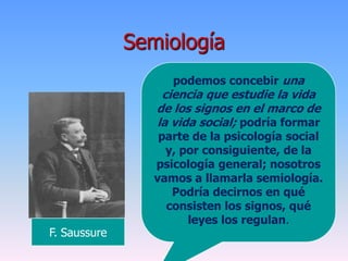 Semiología
podemos concebir una
ciencia que estudie la vida
de los signos en el marco de
la vida social; podría formar
parte de la psicología social
y, por consiguiente, de la
psicología general; nosotros
vamos a llamarla semiología.
Podría decirnos en qué
consisten los signos, qué
leyes los regulan.
F. Saussure
 