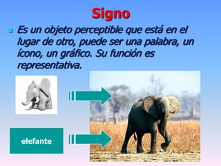 Signo
 Es un objeto perceptible que está en el
lugar de otro, puede ser una palabra, un
ícono, un gráfico. Su función es
representativa.
elefante
 