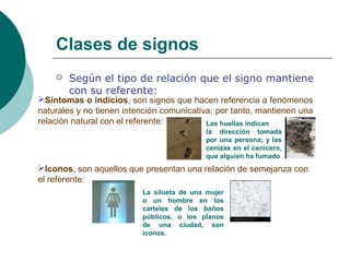Clases de signos 
 Según el tipo de relación que el signo mantiene 
con su referente: 
Síntomas o indicios, son signos que hacen referencia a fenómenos 
naturales y no tienen intención comunicativa; por tanto, mantienen una 
relación natural con el referente: Las huellas indican 
la dirección tomada 
por una persona; y las 
cenizas en el cenicero, 
que alguien ha fumado 
Iconos, son aquellos que presentan una relación de semejanza con 
el referente: 
La silueta de una mujer 
o un hombre en los 
carteles de los baños 
públicos, o los planos 
de una ciudad, son 
iconos. 
 