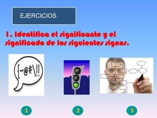 EJERCICIOS
1. Identifica el significante y el
significado de los siguientes signos.
1 2 3
 