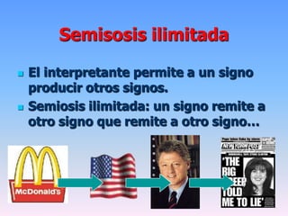 Semisosis ilimitada
 El interpretante permite a un signo
producir otros signos.
 Semiosis ilimitada: un signo remite a
otro signo que remite a otro signo…
 