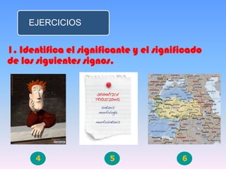EJERCICIOS
1. Identifica el significante y el significado
de los siguientes signos.
4 5 6
 