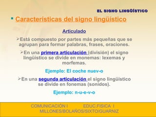  Características del signo lingüístico
EL SIGNO LINGÜÍSTICOEL SIGNO LINGÜÍSTICO
Articulado
Está compuesto por partes más pequeñas que se
agrupan para formar palabras, frases, oraciones.
En una primera articulación (división) el signo
lingüístico se divide en monemas: lexemas y
morfemas.
Ejemplo: El coche nuev-o
En una segunda articulación el signo lingüístico
se divide en fonemas (sonidos).
Ejemplo: n-u-e-v-o
COMUNICACIÓN I EDUC.FISICA I
MILLONES/BOLAÑOS/SIXTO/GUARNIZ
 