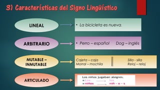 LINEAL • La bicicleta es nueva.
ARBITRARIO
ARTICULADO
MUTABLE –
INMUTABLE
• Perro – español Dog – inglés
Cajeta – caja Silla - silla
Morral – mochila Reloj – reloj
 