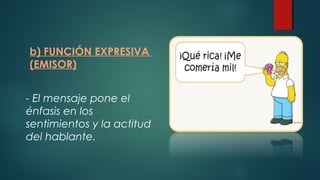 b) FUNCIÓN EXPRESIVA
(EMISOR)
- El mensaje pone el
énfasis en los
sentimientos y la actitud
del hablante.
 