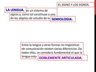 EL SIGNO Y LOS SIGNOS.
LA LENGUA. es un sistema de
  signos y, como tal constituye a uno
  de los objetos de estudio de la SEMIOLOGIA.




          Entre la lengua y otras formas no lingüísticas
          de comunicación existen varias diferencias. De
          todas ellas, se considera fundamental el que la
          lengua esta DOBLEMENTE ARTICULADA.
 