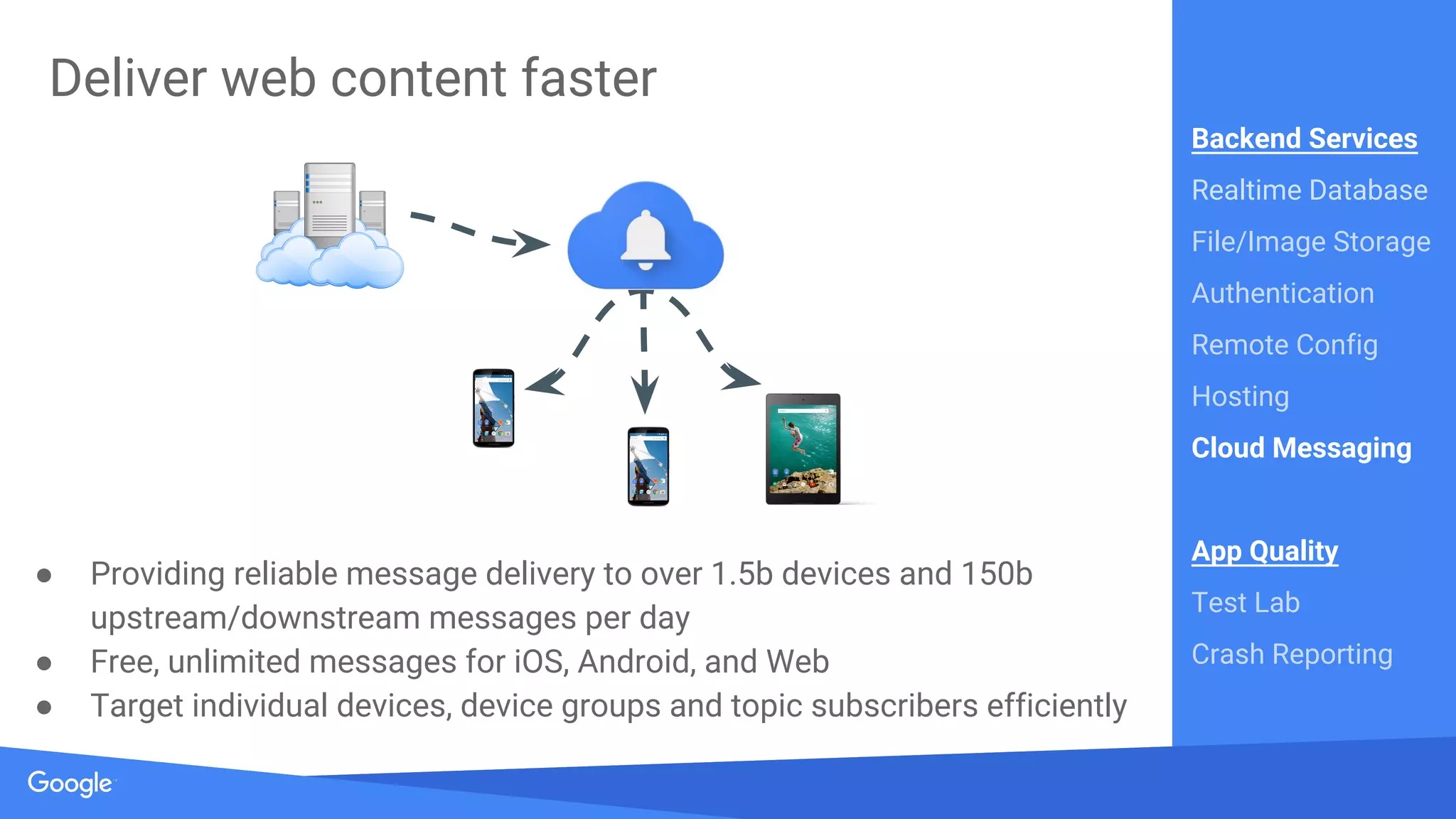 Source: Lorem ipsum dolor sit amet, consectetur adipiscing elit. Duis non erat sem
Proprietary + Confidential
Deliver web content faster
● Providing reliable message delivery to over 1.5b devices and 150b
upstream/downstream messages per day
● Free, unlimited messages for iOS, Android, and Web
● Target individual devices, device groups and topic subscribers efficiently
Backend Services
Realtime Database
File/Image Storage
Authentication
Remote Config
Hosting
Cloud Messaging
App Quality
Test Lab
Crash Reporting
 