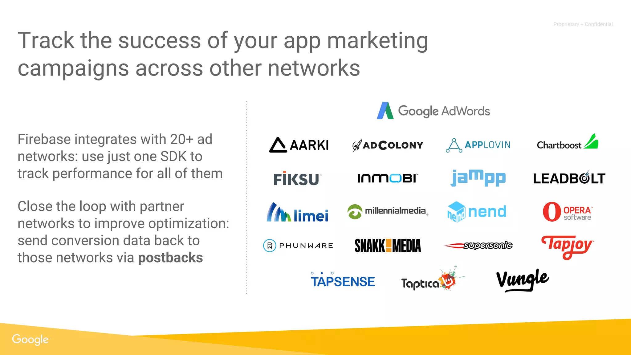 Proprietary + Confidential
Track the success of your app marketing
campaigns across other networks
Firebase integrates with 20+ ad
networks: use just one SDK to
track performance for all of them
Close the loop with partner
networks to improve optimization:
send conversion data back to
those networks via postbacks
 