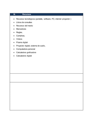 III. Recursos
Ø
 Recursos tecnológicos (pantalla, software, PC, internet proyector )
 Libros de consultas
 Recursos del medio
 Marcadores
 Reglas.
 Cartulinas.
 Videos
 Pizarra digital
 Proyector digital, sistema de audio,
 Computadora personal
 Calculadora graficadora
 Calculadora digital
.
 