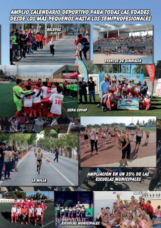 amplio calendario deportivo para todas las edades,
desde los más pequeños hasta los semiprofesionales
RELEVOS
eventos de GIMNASIA
COPA COVAP
ESCUELAS MUNICIPALES
ampliación en un 35% de las
escuelas municipalesLA MILLA
 