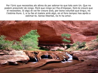 Per l’únic que necessites als altres és per adonar-te que tots som Un. Que no podem prescindir de ningú. Però que ningú se t’ha d’imposar, fent-te creure que el necessites. Si algú et vol fer creure això, per bona voluntat que tingui, no t’estima lliure. I, si tu fas el mateix amb algú, en el fons tampoc has après a estimar-lo. Sense llibertat, no hi ha amor. 